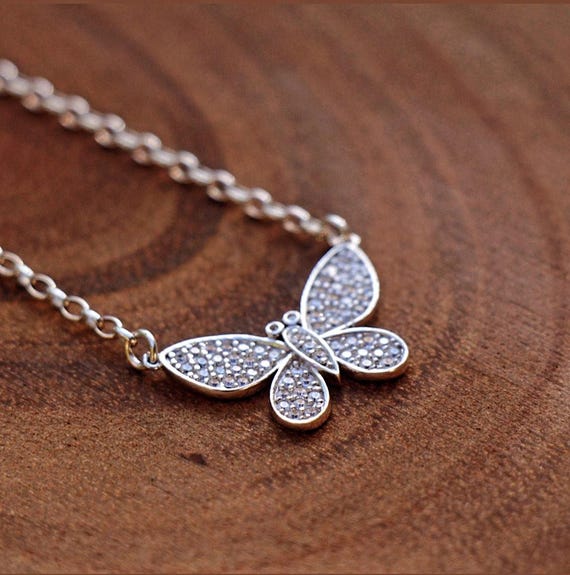 Butterfly Necklace, Butterfly Jewelry, Silver Zircon Sparkly
