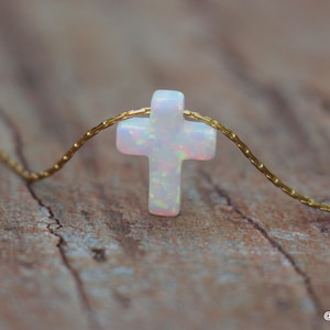 Opal Necklace, Opal Jewelry, White Cross Necklace, Choker Necklace, Religious Cross Jewelry, Small Cross Pendant, Minimalist Women Necklace