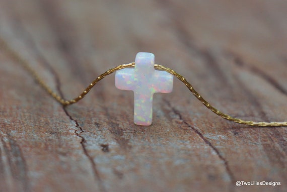 Women Mini Blue Opal Cross Dainty Mini Christian Pendant Necklace Silver  Chain