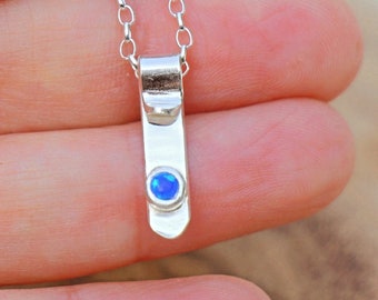 Blue Opal Silver Bar Necklace, Silver Bar Women Necklace, Blue Opal Necklace, Vertical Necklace, Blue Fire Opal Jewelry, October Birthstone