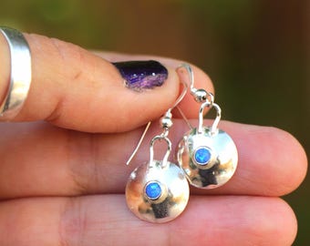 Silver Opal Earrings, Blue Opal Dangle Disc Earrings Jewelry, Blue Opal Women Earrings, Silver Disc Dainty Earrings, Fashionable Earrings