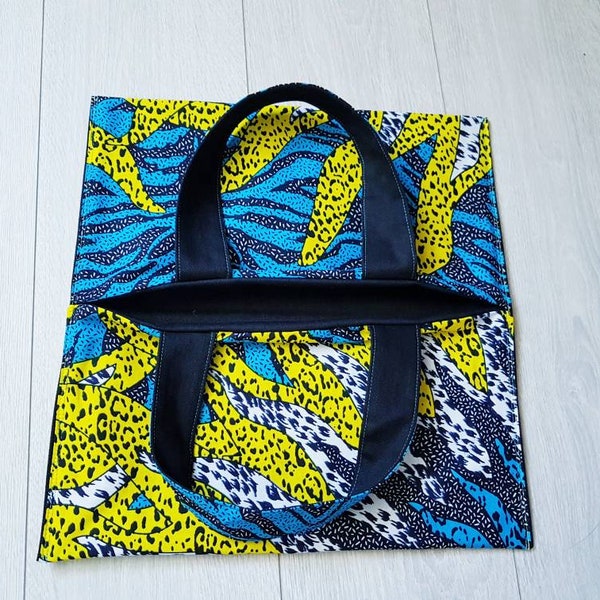 Sac à tarte, gâteau...., 100% coton wax soleil jaune, bleu et noir et twill de coton noir