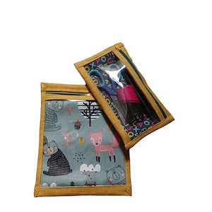 Trousse de rangement, pochette plate, zippée, coton oekotex et lin, motifs enfants (lettres de couleur, animaux) et vinyle transparent,