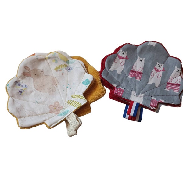 Lot de 3 ou 6 lingettes/débarbouillettes enfant, forme coquillage, lavables, en tissu éponge fibre de bambou Oekotex , et coton imprimé