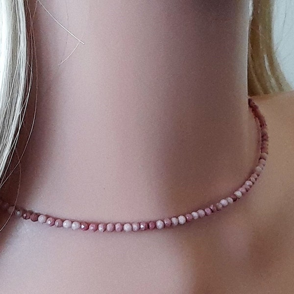 Minimalist Necklace, Pink Rhodonite 2mm Neclace, delicate beaded choker, Micro Faceted Rhodonite choker, Necklace Teen