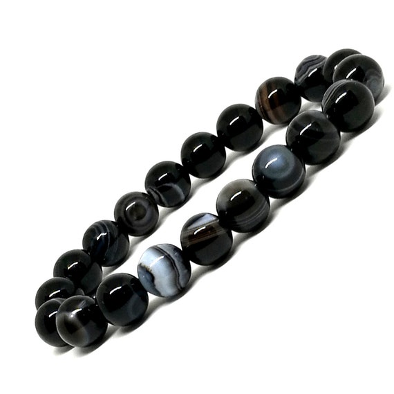 Pulsera De Cuentas De Ágata Negra De Piedra Natural Retro De Pulsera De Cuentas De Ágata Negra De Piedra Natural Retro De