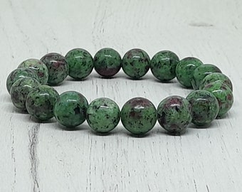 10mm Ruby Zoisite Bracelet, Red in Green Bracelet Mala, Green  jewelry Bead Women gift