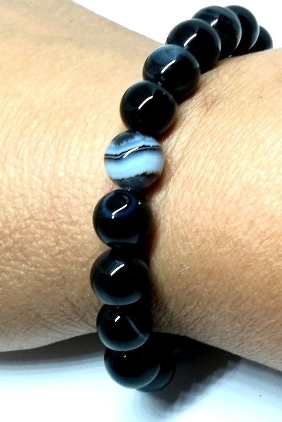 Pulsera De Cuentas De Ágata Negra De Piedra Natural Retro De Pulsera De Cuentas De Ágata Negra De Piedra Natural Retro De
