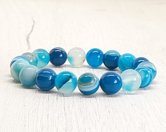 Agate 10mm bracelets, Natural Blue Gemstone 8mm/10mm Bracelet, Unisex Women Men Jewelry, Chakra Jewelry