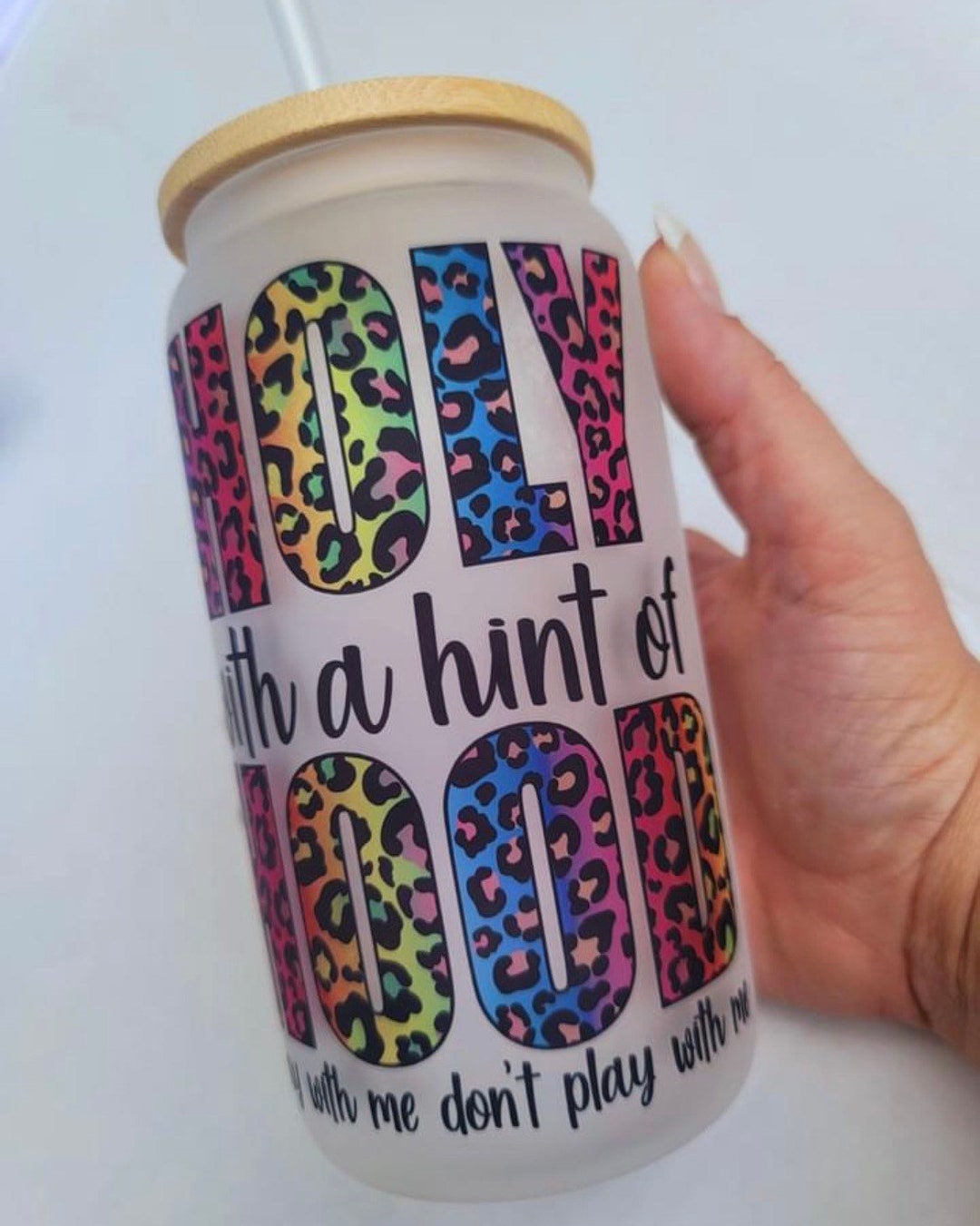 16oz Glass Can Cup, Libby Cup Bamboo Lid Plastic Straw Holy With a Hint