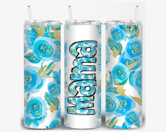 Straight 20oz Blue Floral Tumbler - insulated double wall - sliding lid with straw