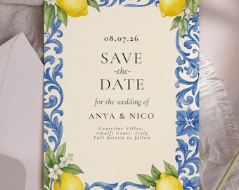 Lemon and Blue Wedding Save the Date - Italy Save the Date, Lemon Wedding Invitation, Italy Wedding Invite, Mediterranean Editable Download