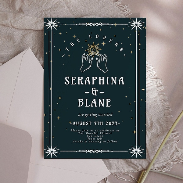 Tarot Card Wedding Invitation Template -Tarot Wedding Invitation, Moon theme, Stars Wedding, Moody Wedding Invite, Editable Digital Download