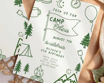 Camping Birthday Invitation Editable - Camper Party Invite, Camp Birthday Party, Camping Invitation Template, Adventure Birthday, Download