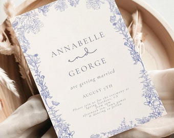 Plantilla de invitación de boda azul polvoriento: invitación floral vintage, invitación de boda en toile azul, invitación estilo chinoiserie, descarga digital editable
