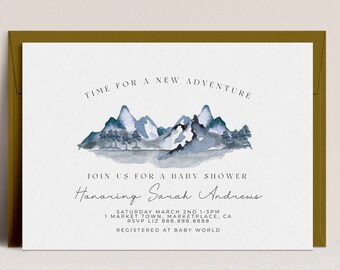 Adventure Theme Baby Shower Invitation, Pine Tree Baby Shower Invite Mountain Baby Shower Invitation Watercolor, Editable Printable Template