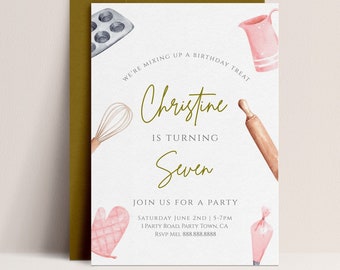Baking Party Invitation Girl -Kids Cooking Birthday Invite, Cooking Party Invitation, Baking Birthday Invite Pink, Editable Instant Download