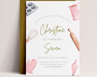 May include: A birthday party invitation with a watercolor illustration of kitchen tools, including a whisk, rolling pin, muffin tin, and piping bag. The text reads "We're mixing up a birthday treat Christine is turning Seven Join us for a party Saturday June 2nd | 5-7pm 1 Party Road, Party Town, CA RSVP Mel 888.888.8888"