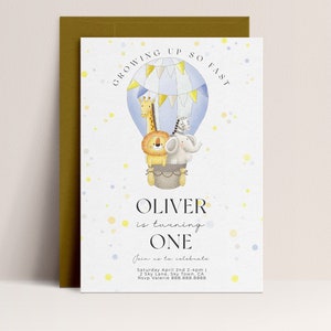 Blue Hot Air Balloon Birthday Invite - Editable Safari Animal Birthday Invitation, Adventure theme, Giraffe Elephant Zebra Lion, Download