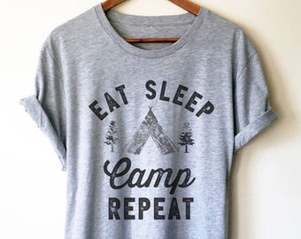 Camiseta unisex Eat Sleep Camp Repeat - Camiseta de camping, camiseta de camping feliz, camiseta de camping, camiseta de senderismo, camiseta de senderismo, regalo de camping, camiseta de camping