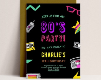 80's Birthday Invitation -80s Theme Party Invitation, Back to the 80s Party, 80s Party Invitation, Retro Birthday, Editable Instant Download