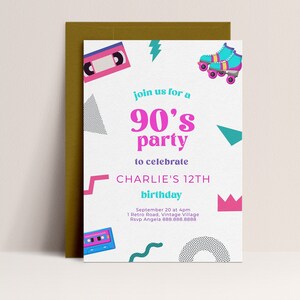 90&#39;s Party Invitation - 90s Birthday Invitation, 1990s Party Invite, Retro 90s Invitation, 90s Theme Invite Pink, Editable Instant Download