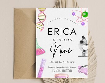 Science Birthday Invitation Girls - Science Party Invitation, Science Birthday Supplies, Science Theme Party, Editable Instant Download