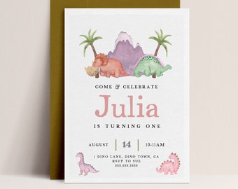 Girl Dinosaur Invitation - Dinosaur Birthday Invitation, Pink and Purple, Girl Dino Invite, Editable Dinosaur Party Invite, Instant Download