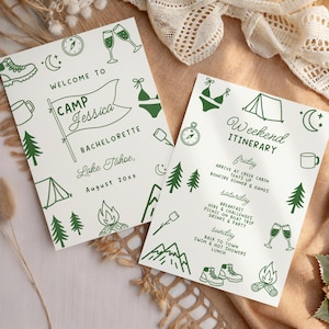 Camp Bachelorette Einladung & Reiseplan Vorlage | Camping Bachelorette Wochenende | Bearbeitbare Camping Junggesellinnenparty einladen und planen