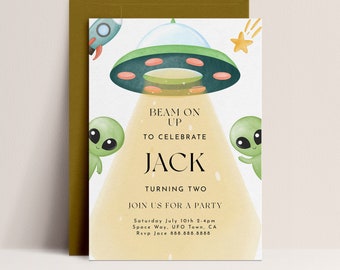 Alien Birthday Invitation - UFO Birthday Party Invite, Space Birthday Invitation, Alien Invitation, Rocket Invite, Stars Editable Download