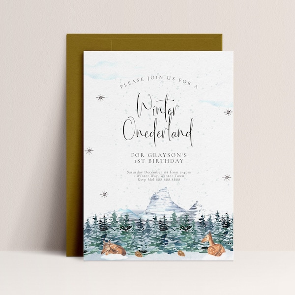 Winter ONEderland Invitation - Invitation au premier anniversaire d’hiver, Invitation d’anniversaire Woodland, Arbres forestiers Deer Snow, Téléchargement instantané modifiable