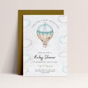 Editable Hot Air Balloon Baby Shower Invite - Adventure Baby Shower Invitation Download, Baby Shower Invitation Boy Blue, Instant Download
