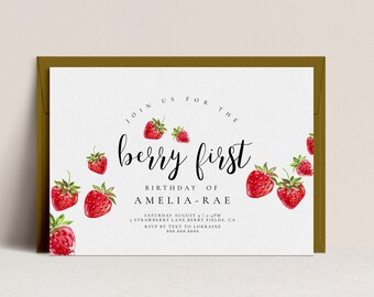 Aardbeienuitnodiging - Berry eerste tekstverjaardagsuitnodiging, 1e verjaardag uitnodigen, aardbei uitnodigen, eerste verjaardag Berry, direct downloaden
