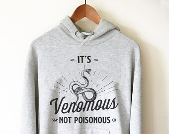 May include: Grey hooded sweatshirt with a black snake graphic and the text "It's Venomous S&P Not Poisonous Co."