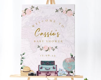 Travel Welcome Sign Pink - Travel Baby Shower Welcome Sign, Travel Theme Baby Shower, Travel Theme Sign, Adventure Sign, Editable Download