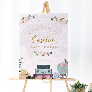 Cartello di benvenuto da viaggio rosa - Cartello di benvenuto per baby shower da viaggio, tema di viaggio per baby shower, cartello a tema di viaggio, cartello di avventura, download modificabile