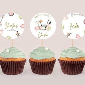 Spa Party Cupcake Toppers - Spa Party Cake Topper, Spa Birthday Party Decorations, Spa Party Printables, Girls, Editable Instant Download