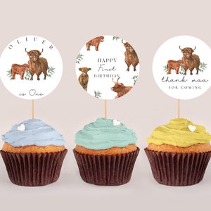 Highland Cow Cupcake Toppers - Editable Highland Cow Cake Topper, Highland Cow Birthday Party Decor, Cow Theme Printable Instant Download