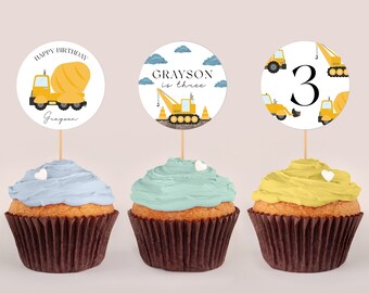 Construction Cupcake Toppers Printable - Editable Construction Cake Toppers, Construction Birthday Party Cupcake Toppers, Instant Download
