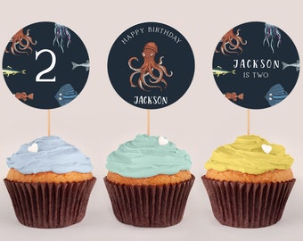 Under The Sea Cupcake Toppers - Boys Under The Sea Birthday Decorations, Ocean Birthday Theme, Ocean Cupcake Toppers, Editable Download