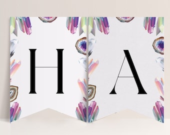 May include: A white banner with a geometric crystal pattern and the word "HA" in black letters.