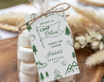 Etiquetas de regalo de cumpleaños para acampar: decoración con temática de campamento, ideas para bolsas de fiesta de cumpleaños de campamento, para niños o adultos, rústicas, editables, descarga instantánea
