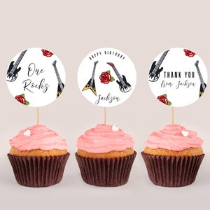 Music Cupcake Toppers - One Rocks Favor Tags, One Rocks Birthday Decor, Guitar Cake Toppers, Music Theme For Kids, Editable Instant Download