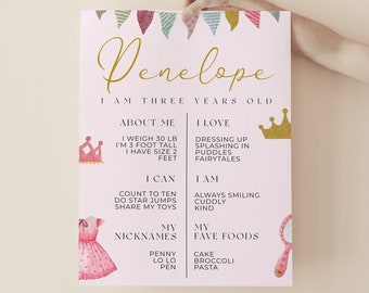 Princess Milestone Board - Princess Birthday Party, verjaardagsstatistieken, decor prinses verjaardag, roze en goud, kroon, bewerkbare Instant Download