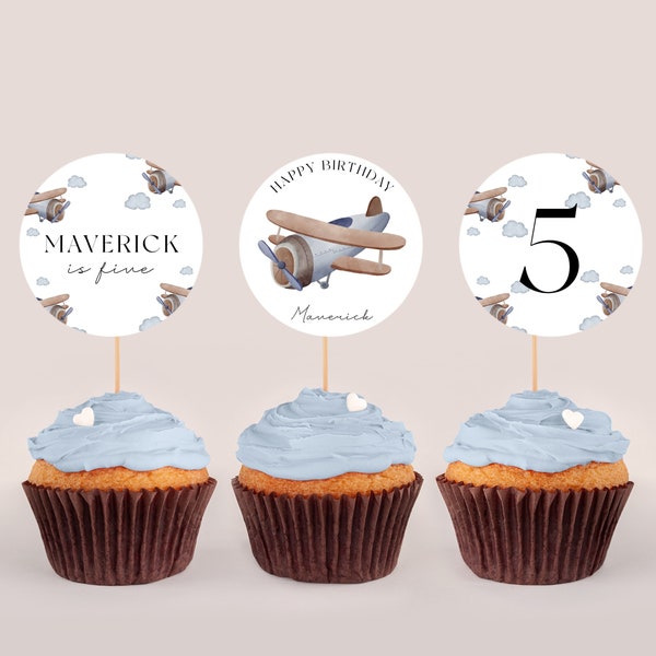 Airplane Cupcake Toppers-Aviation Cake Topper, Airplane Cake Topper, Airplane Birthday Decor, Boys, Airplane Party Supply, Editable Download