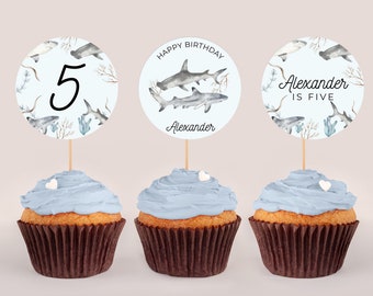 May include: Three blue and white cupcake toppers with a shark theme. The toppers feature a number 5, the text "Happy Birthday Alexander", and the text "Alexander is Five".