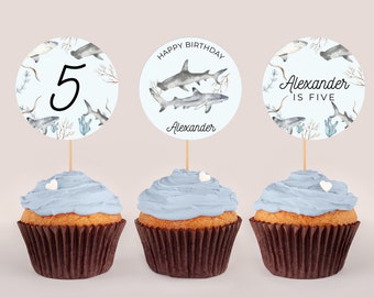 Shark Cupcake Toppers - Shark Cake Topper, Under The Sea Cupcake Toppers, Shark Birthday Party Decor, Boys Birthday Party, Editable Download