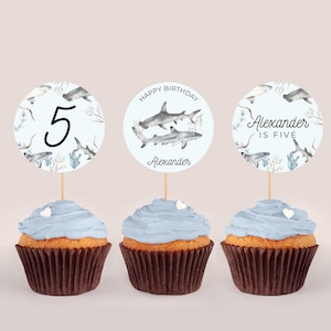 Shark Cupcake Toppers - Shark Cake Topper, Under The Sea Cupcake Toppers, Shark Birthday Party Decor, Boys Birthday Party, Editable Download