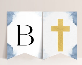 Pode incluir: Uma faixa de aquarela azul e branca com a letra "B" e uma cruz dourada. A faixa é perfeita para um batismo.