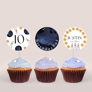 Bowling Party Cupcake Toppers-Bowling Pin Cupcake Toppers, Bowling Party Boy Topper, Bowling Birthday Party Decor, Editable Instant Download